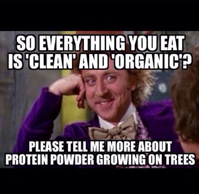 a meme making fun of the fact people on the 75 hard say they only "eat clean and organic" yet they use protein powers and supplements 